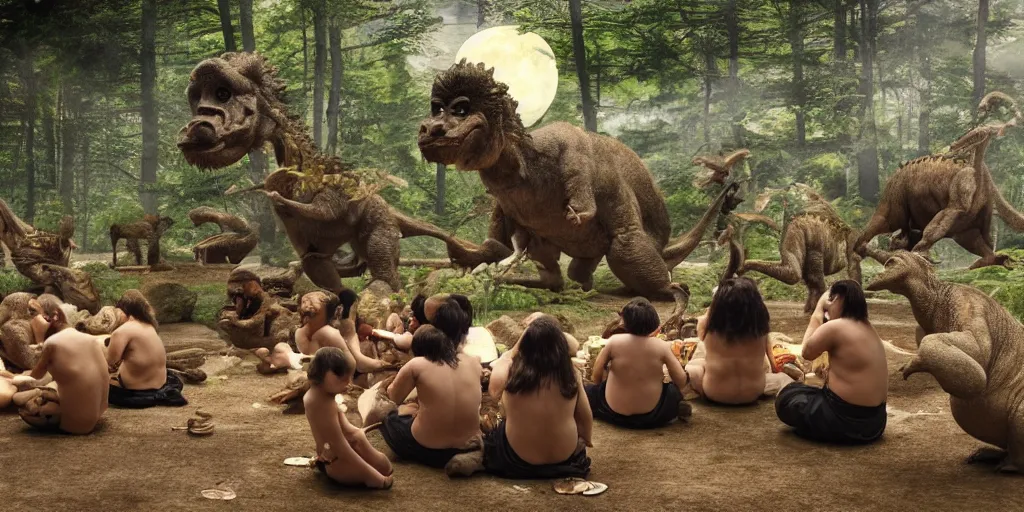 Image similar to photo, neanderthal people, sumo japanese, eating inside mcdonalds, surrounded by dinosaurs!, gigantic forest trees, sitting on rocks, bright moon