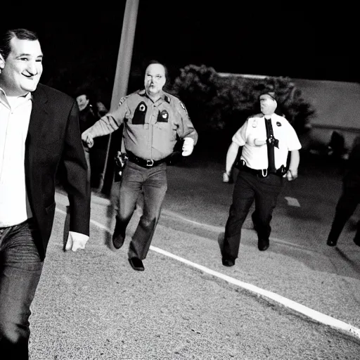 Image similar to Ted Cruz with a wide grin being chased down by multiple police officers, black and white, creepy lighting, foggy atmosphere, scary, horror, ornate, eerie, fear