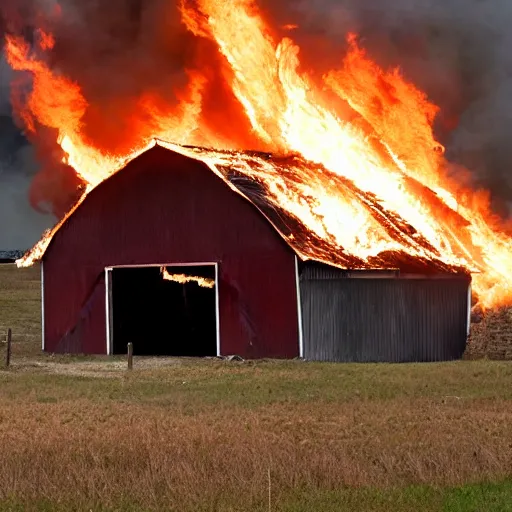 Prompt: a small barn engulfed in flames