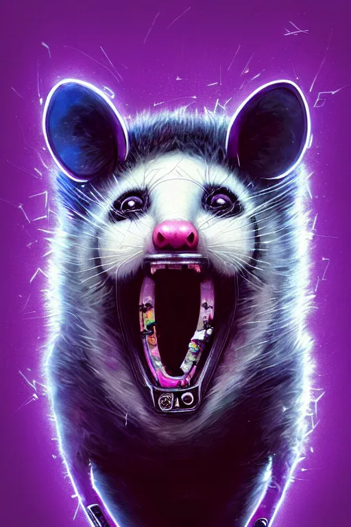 Image similar to a beautiful portrait of a cute cyberpunk opossum screaming by sandra chevrier and greg rutkowski and wlop, purple blue color scheme, high key lighting, volumetric light, digital art, highly detailed, fine detail, intricate, ornate, complex, octane render, unreal engine, photorealistic