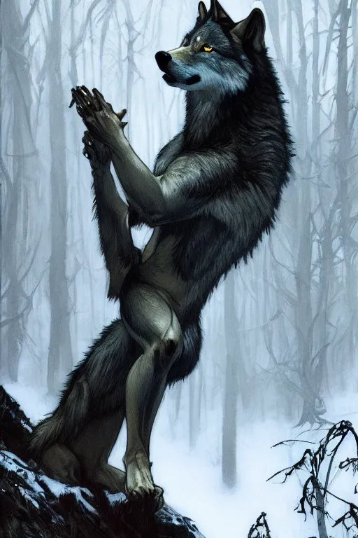 Image similar to full figure beautiful young fit antrophomorphic male wolf, bared teeth and long claws, frozen scene, by greg rutkowski and alphonse mucha, d & d character, gradient black to silver, in a forest at night, highly detailed portrait, digital painting, artstation, concept art, smooth, sharp focus illustration, artstation hq