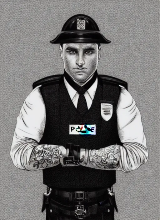 Prompt: a highly detailed illustration of 3 3 year - old clean - shaven chubby white man from uk wearing black police sweater with necktie and police helmet, heroic pose, black and white checker background, intricate, elegant, highly detailed, centered, digital painting, artstation, concept art, smooth, sharp focus, league of legends concept art, wlop.