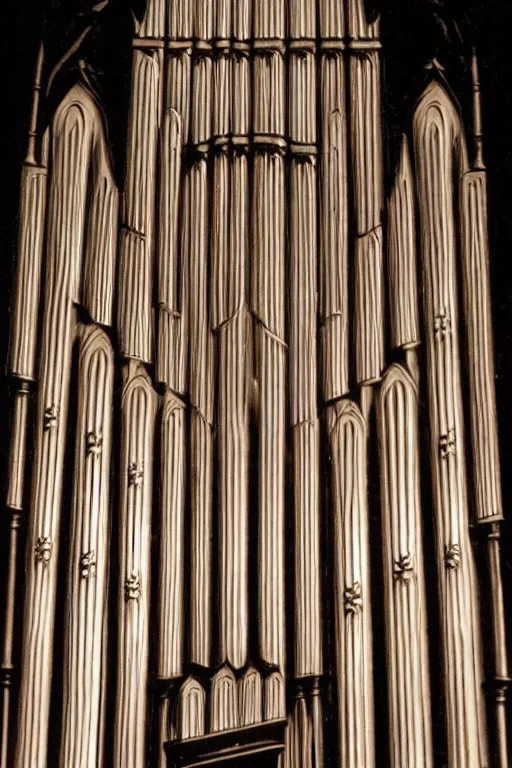 Image similar to pipe organ gothic by grant wood, carpenter gothic