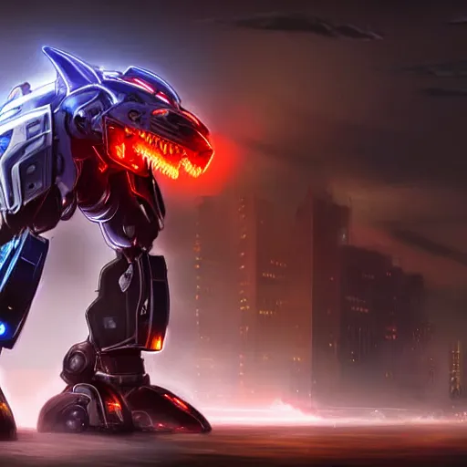 Prompt: hyper realistic, photographic, highly detailed cinematic full body shot of a mecha canine, sharp claws, sleek armor, glowing visor, charging through city, destroying city, digital art, furry art, dragon art, zoids art, furaffinity, deviantart