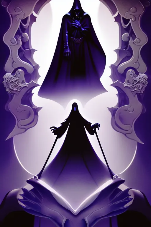 Image similar to video game cover, disney grim reaper dressed with a cape, intricate baroque style. by glen keane, by goro fujita, by octavio ocampo, masterpiece. intricate artwork, very coherent symmetrical artwork, cinematic, octane render, smooth gradients, high contrast. full body character, clean ink detailed line drawing