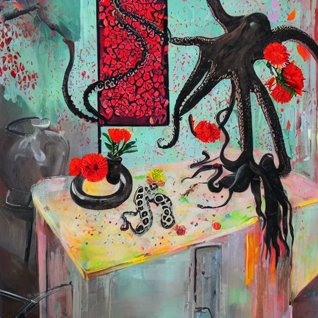 Prompt: empty room with black walls, sensual portrait of a female pathologist, octopus mural, spilled vase of flowers and water, squashed berries, neo - expressionism, surrealism, acrylic and spray paint and oilstick on canvas