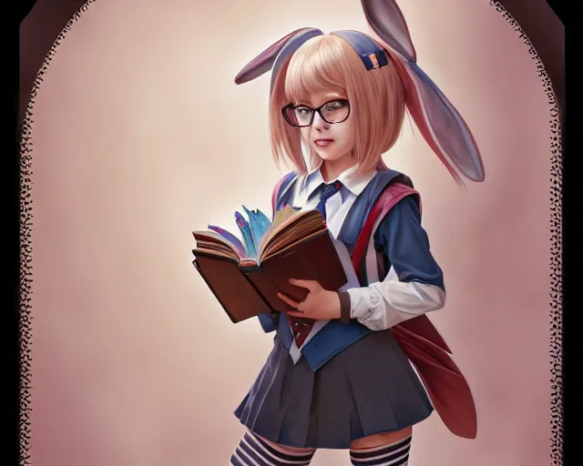 Prompt: a super cute anthropomorphic bunny schoolgirl in glasses from final fantasy, holding a stack of books, deep focus, d & d, fantasy, intricate, elegant, highly detailed, digital painting, artstation, concept art, matte, sharp focus, illustration, hearthstone, art by artgerm and greg rutkowski and alphonse mucha