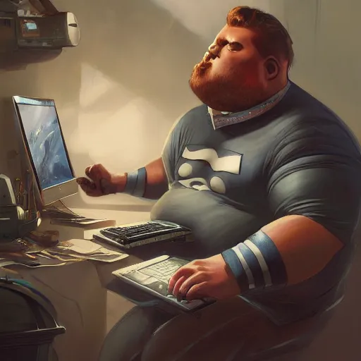 Image similar to a insanely detailed painting of a slightly overweight man wearing a homemade superhero costumed, sitting at a computer desk, nervously and clicking on the mouse, in the style of peter mohrbacher, dramatic lighting and composition, trending on artstation, concept art, comic book, graphic novel