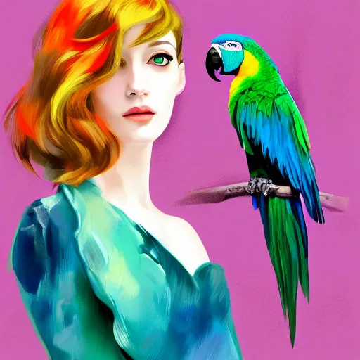 Prompt: parrot parrot parrot, vogue women's fashion beauty celebrity magazine, chanel makeup, ilya kuvshinov, john singer sargent, digital art illustration, impressionist oil painting, trending on artstation, intricate