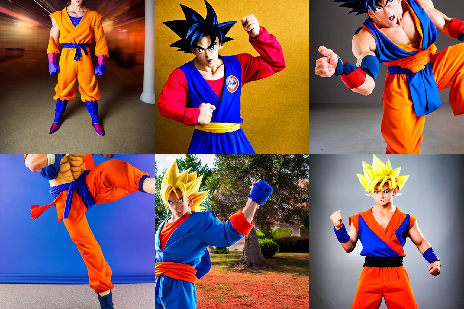 Prompt: a vibrant photograph of a cosplay of Goku from Dragon Ball Z fighting Barack Obama, the president of the United States, wide shot, outdoors, studio photographic, dramatic backlighting