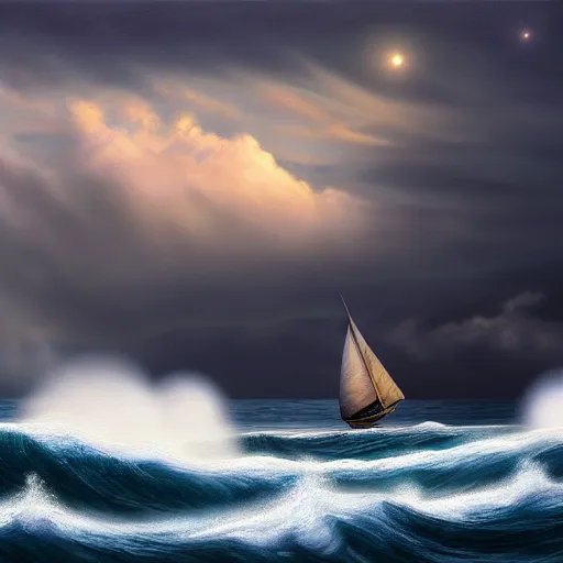 Image similar to a real photographic landscape painting with incomparable reality, super wide, ominous sky, sailing boat, wooden boat, lotus, huge waves, starry night, harry potter, volumetric lighting, clearing, realistic, james gurney, artstation - h 1 0 2 4