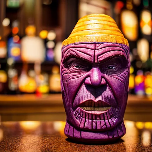 Image similar to a closeup photorealistic photograph of a glossy thanos style tiki mug sitting at a trader vic's bar featuring the face of thanos. tiki party. bright scene. fine detail. this 4 k hd image is trending on artstation, featured on behance, well - rendered, extra crisp, features intricate detail, epic composition and the style of unreal engine.