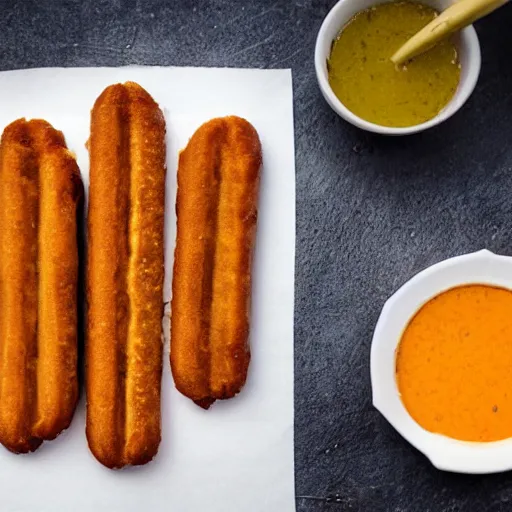 Prompt: a dutch friture snack called Frikandel Speciaal, the snack has a cut lengthwise, so that it can accommodate mayonnaise and red curry and small pieces of onion served in a white long plastic container on a plate