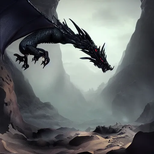 Prompt: fantasy black dragon living in huge cave, lots of details, fire breath, 3 d octane