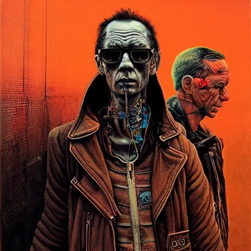 Image similar to cyberpunk sonny barger and hunter thompson by beksinski and tristan eaton, dark neon trimmed beautiful dystopian digital art