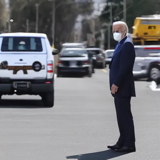 Prompt: dashcam footage of joe biden doing standing in the middle of the street