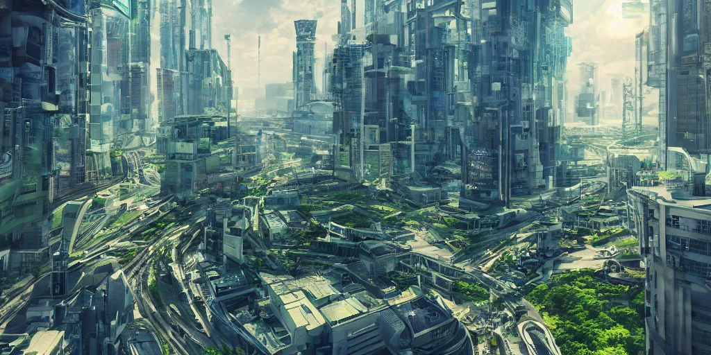 Image similar to neo brutralism, futuristic architectural art of Tokyo in 2049, colorful, hyperrealistic, octane render, 8k, realistic depth, 3D feeling, sunlight, shadows, reflections, romanticism, wallpaper, dark blue and green tones, uplight, in the style of Akihiko Yoshida