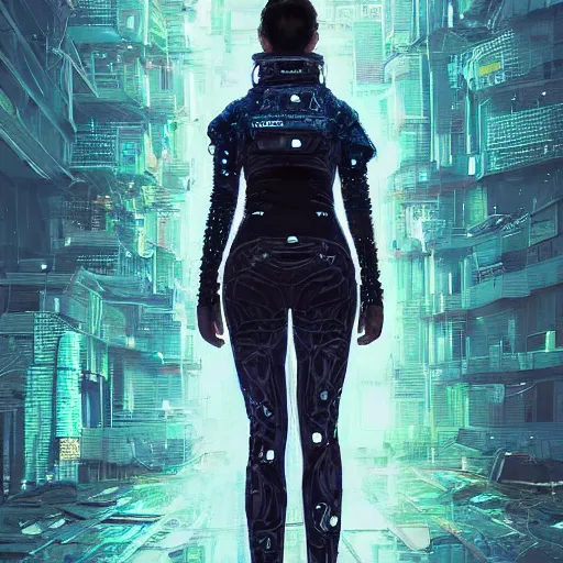 Prompt: detailed portrait of a skilled magic deepdream guardian girl cyberpunk futuristic, reflective puffer jacket, black leggings from the back radiating a glowing aura by ismail inceoglu dragan bibin hans thoma, perfect face, fine details, realistic shaded, fine - face, pretty face