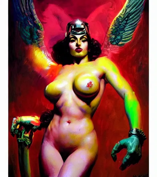 Image similar to portrait of junoesque iranian female chaos angel, beautiful! coherent! by frank frazetta, by brom, strong line, vivid neon color, shining metal power armor, iron helm, high contrast, maximalist