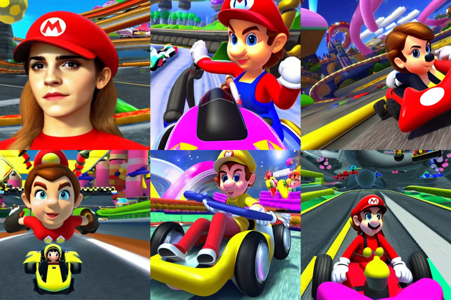 Prompt: Screenshot of Emma Watson in Mario Kart
