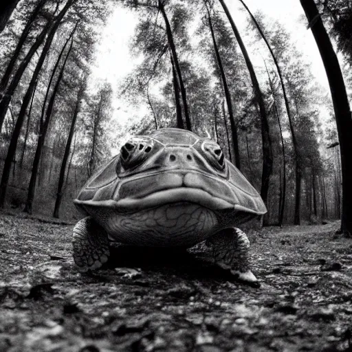 Image similar to fish eye footage of a skinwalker turtle with human face in the forest, black and white
