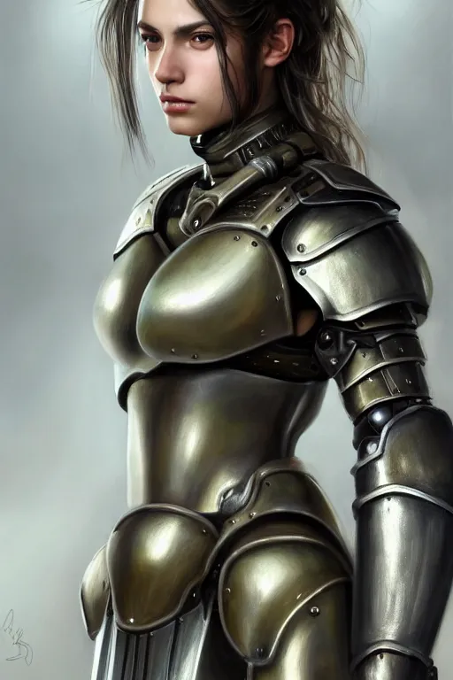 Image similar to a photorealistic painted portrait of an attractive young girl, partially clothed in dull metal-plated battle armor, olive skin, long dark hair, flawless skin, beautiful bone structure, symmetric facial features, perfect photorealistic eyes, natural physique, intricate, elegant, digital painting, concept art, finely detailed, beautifully illustrated, sharp focus, minimal artifacts, from Metal Gear, by Ruan Jia and Mandy Jurgens and Artgerm and William-Adolphe Bouguerea, in the style of Greg Rutkowski, trending on Artstation, award winning art