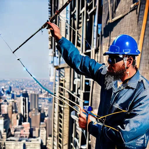 Image similar to closeup portrait of a construction worker with a fishing rod sitting on a metal beam high over new york city, photography