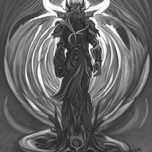 Image similar to full body grayscale drawing by Anato Finnstark of horned demon in heroic pose, swirling flames, brutal, alphonse mucha,