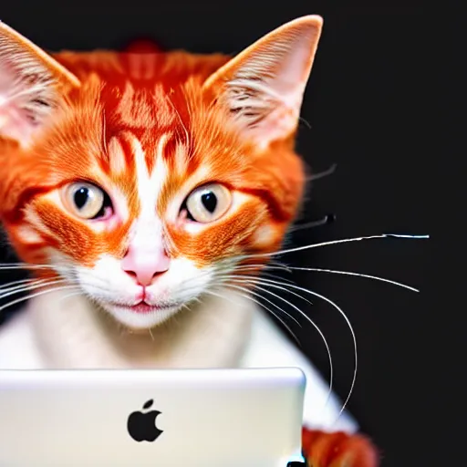 Image similar to happy red - haired cat using a computer, viewed while eating a banana, black background, retro design, high quality detailed image