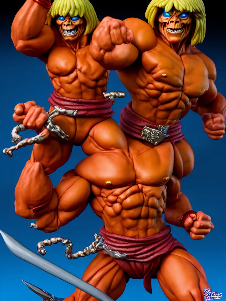 Prompt: hyperrealistic rendering, he - man by art of skinner and richard corben and jeff easley, product photography, action figure, sofubi, studio lighting, colored gels