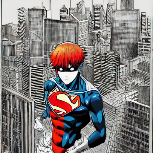 Prompt: Manga illustration of masked super hero, full body and head portrait by Tetsuo Hara. Depth of field, zoom out 35mm camera, awesome cityscape in the background, highly detailed concept art, detailed pencil art by Kengo Hanazawa