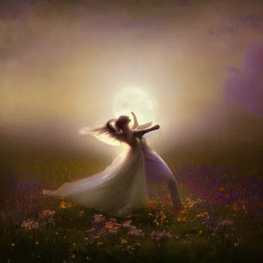 Image similar to the moonlit dance of the fae, dancers in white dancing across a flower meadow the moonlit dance by elena vizerskaya and ivan aivazovsky, perfectly detailed, artstation, sharp focus, highly detailed, studio photography, atmospheric, trending on artstation, surrealist, volumetric lighting