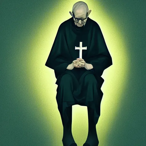 Image similar to An old catholic priest in black garbs kneeled in fervent prayer. His eyes are wide open with fear. Ominous dramatic yellow lighting. Overhead view, award-winning digital art, trending on ArtStation