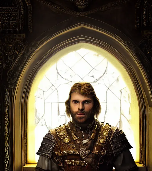 Image similar to the elder scrolls vi majestic gracious jarl portrait, painted, indoors, dark room, one point of light coming through the window, atmospheric lighting, painted, intricate, volumetric lighting, beautiful, golden hour, sharp focus, ultra detailed, by mark kent, jordan lamarre - wan, igor kieryluk, maxim verehin, miranda meeks