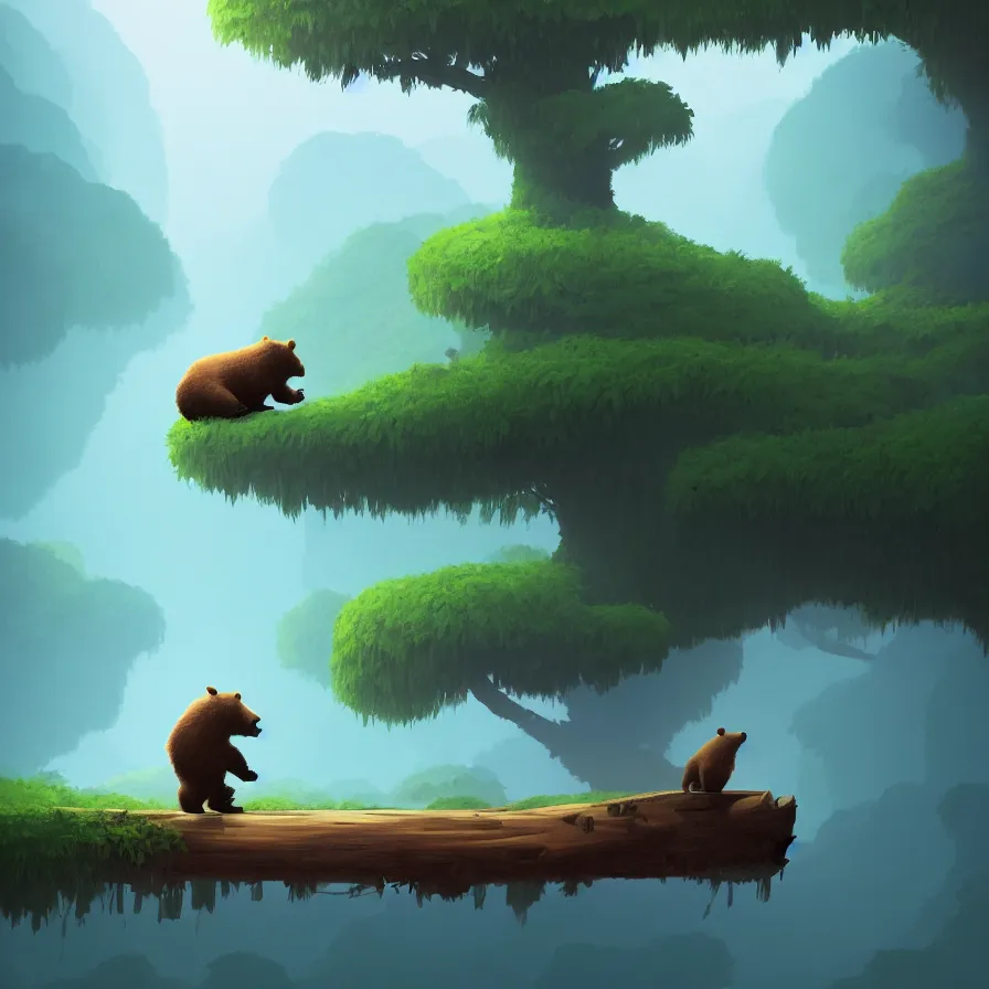 Prompt: A single bear atop a loose log navigating a deep blue river through the jungle, jungle, art by Goro Fujita, ilustration, concept art, sharp focus, ArtStation, Deviantart