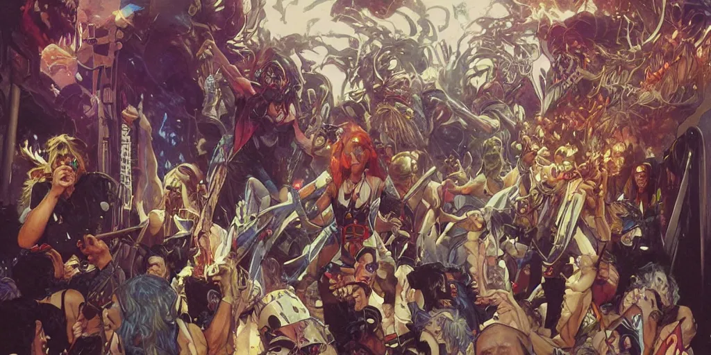 Image similar to Iron Maiden playing their last outdoor show while the world ends, by artgerm and greg rutkowski and alphonse mucha and loish and WLOP, artstation, detailed