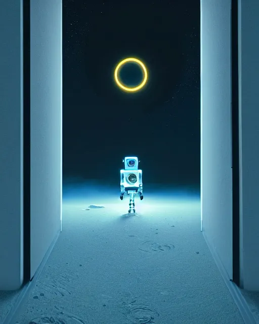 Image similar to a robot standing in front of a glowy open door that's on a barren moon, poster art by mike winkelmann, trending on cg society, space art, sci - fi, ue 5, futuristic, volumetric lighting, light casting onto the ground, neat composition and camera angle