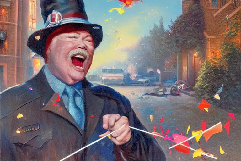 Prompt: portrait of rip taylor throwing confetti at a crime scene chalk outline, an oil painting by ross tran and thomas kincade