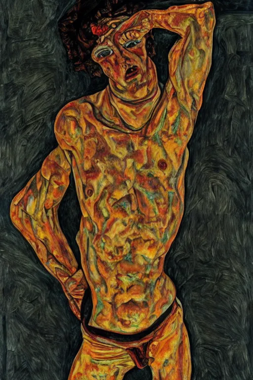 Image similar to a full body character with lifted arms in style of egon schiele, masterpiece, hyperdetailed, complex, intricate, veiled, 4 k, dynamic!!