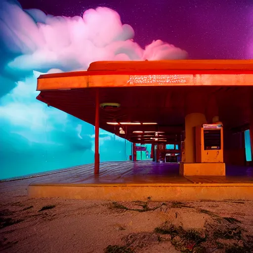 Prompt: dreamlike film photography of a 1920s wooden gas station at night underwater in front of colourful underwater clouds by Kim Keever. In the foreground floats a seasnake. low shutter speed, 35mm