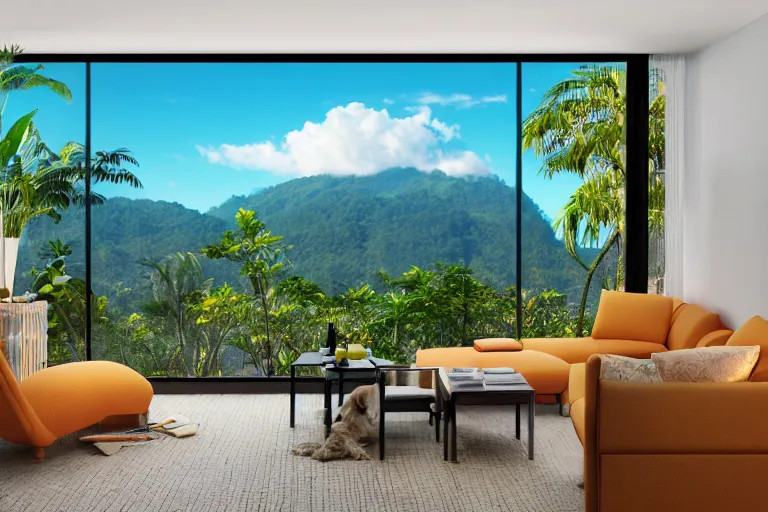 Image similar to big window, mountains in background, cloud forest in background, tropical beach in background, sunset, warm golden hour lighting, holiday vibes, living room, furniture, IKEA catalogue, futuristic, ultra realistic, ultra detailed, cinematic light, anamorphic, wooden floored balcony, by Paul Lehr