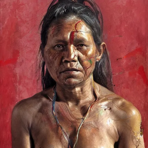 Image similar to high quality high detail painting by jenny saville, hd, full body of a indigenous tribe leader, photorealistic lighting