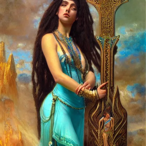 Image similar to artstation, intricate detail, portrait by gaston bussiere, tan skin, lady of elche, egyptian sumerian features, techno mystic dominatrix goddess intergalactica inanna with aqua neon rapunzel dreadlocks,