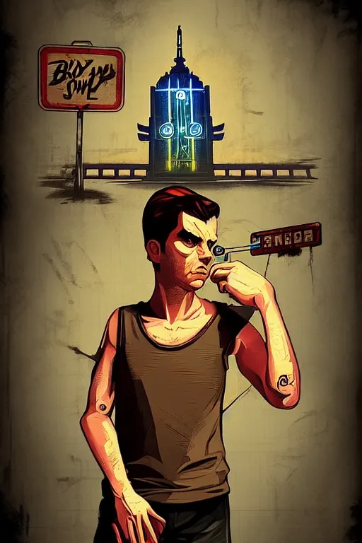 Image similar to boy with singlet tshirt and towel on shoulder. bioshock art style, grand theft auto chinatown art style, pop art, proportional, digital arts, artstation, concept arts, smooth, sharp focus, illustration, intricate, hyperdetails, art by banksy and mimmo rottela, pixels art by paul robertson
