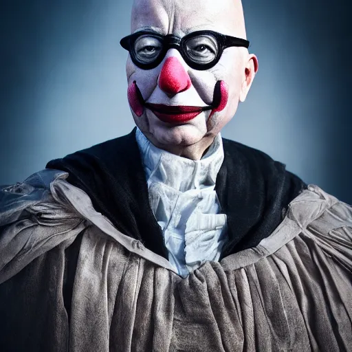 Image similar to UHD candid color photo of Klaus Schwab dressed as dystopian emperor, wearing accurate clown makeup, accurate face, UHD, photorealistic, correct face, photo by Annie Leibowitz