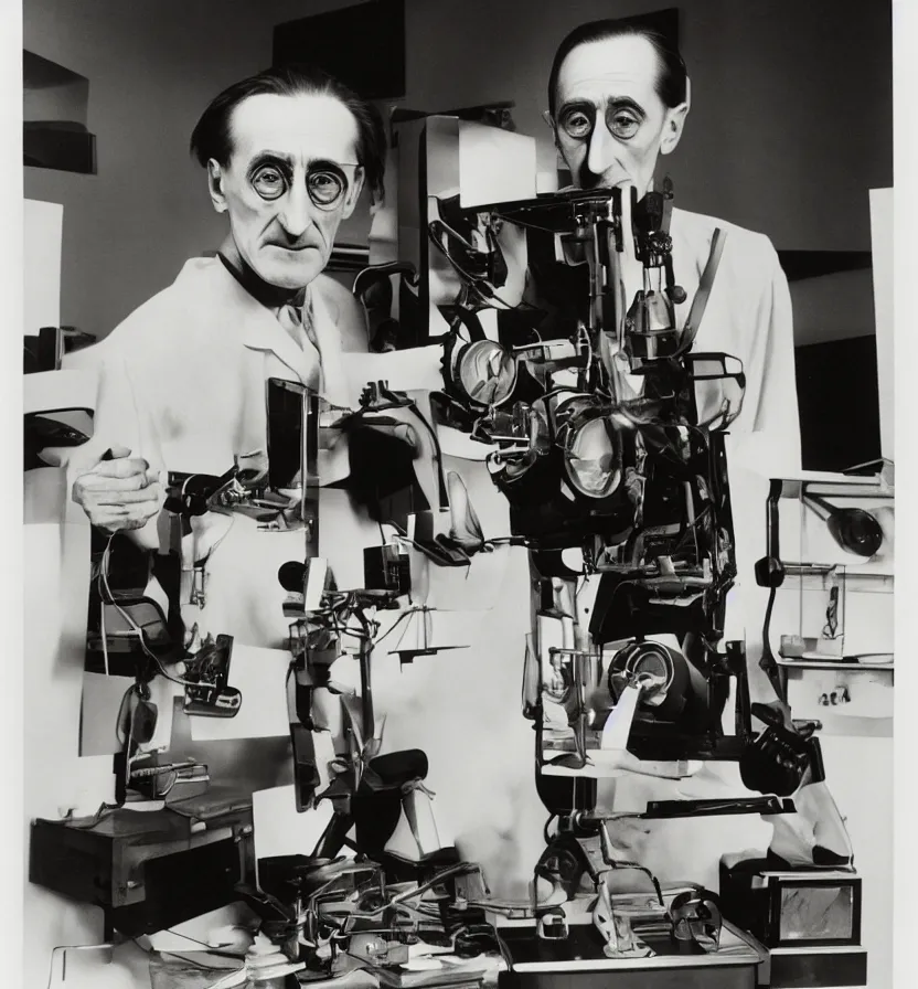 Image similar to Kodachrome portrait of Marcel Duchamp with an technological machine, archival pigment print in the style of Hito Steyerl, studio shooting, contemporary art