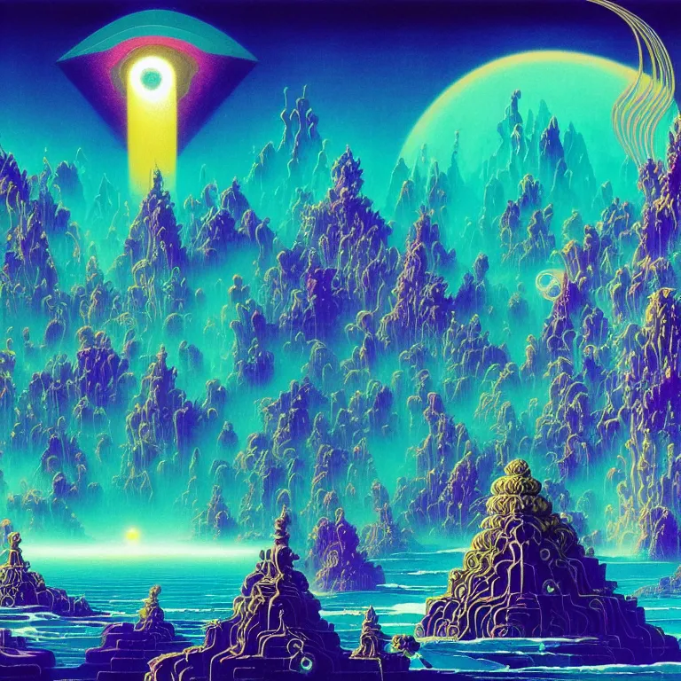 Image similar to mysterious diamond temple overlooking haunted seething ocean, infinite crashing waves, astronomical synthwave, bright neon psychedelic colors, highly detailed, cinematic, eyvind earle, tim white, philippe druillet, roger dean, ernst haeckel, lisa frank, aubrey beardsley, kubrick, kimura, isono