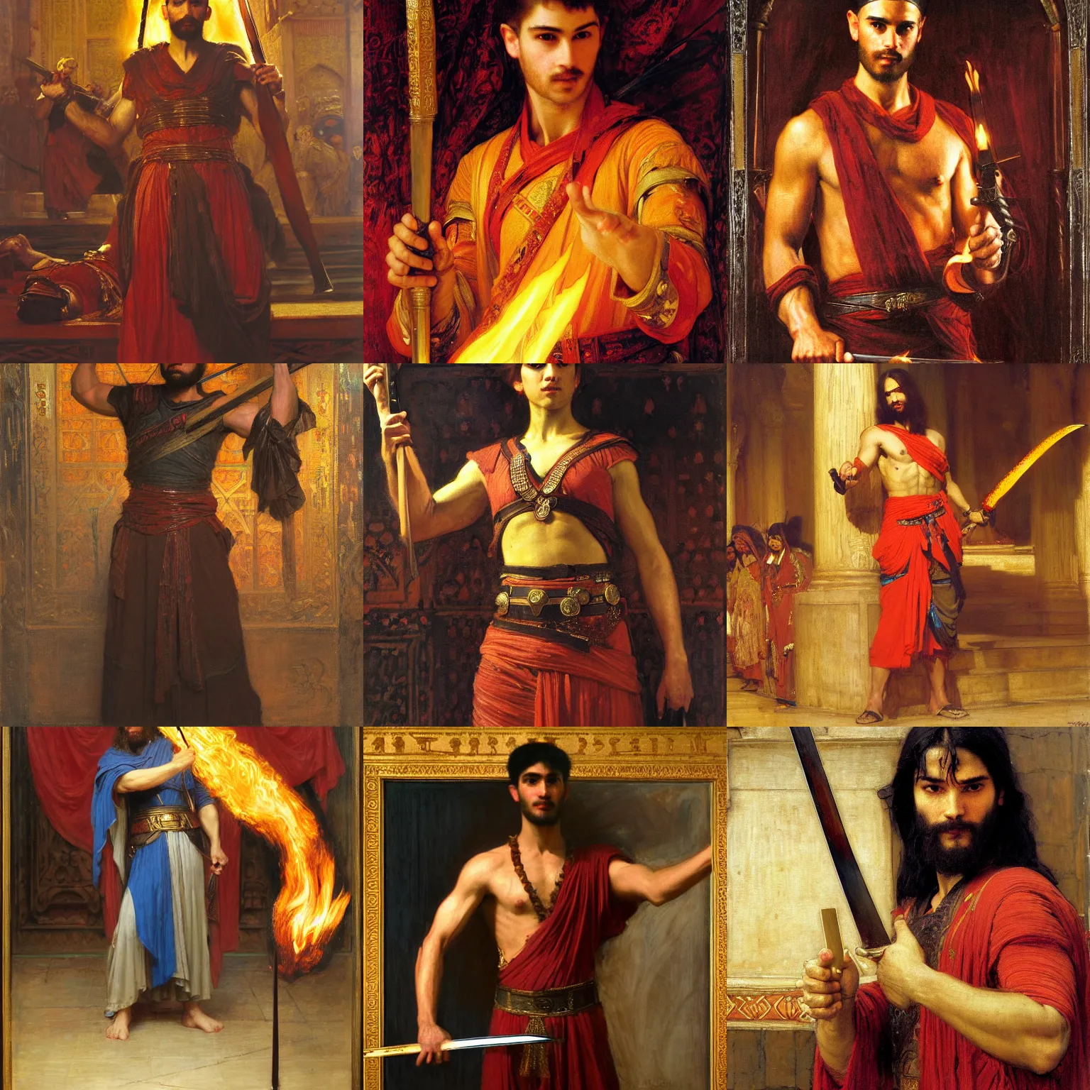 Prompt: orientalist painting of a hero holding aloft a flaming sword intricate portrait by john william waterhouse and Edwin Longsden Long and Theodore Ralli and Nasreddine Dinet, oil on canvas. Cinematic, hyper realism, dramatic lighting, high detail 8k