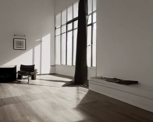 Image similar to Liminal space, clean floor and walls, dimly lit by sunlight from the windows, cosy, relaxing