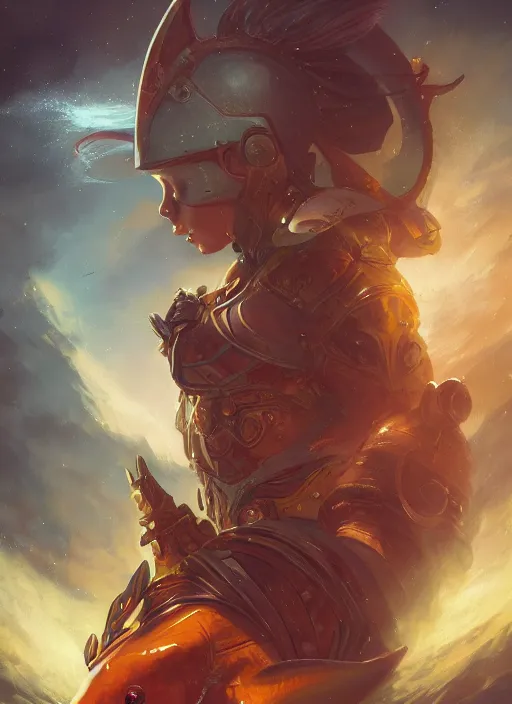 Image similar to hyper realistic photography portrait of medieval goldfish space paladin amazon cinematic, brom, moebius, peter mohrbacher, juan gimenez, james gurney, greg rutkowski comic cover artstation